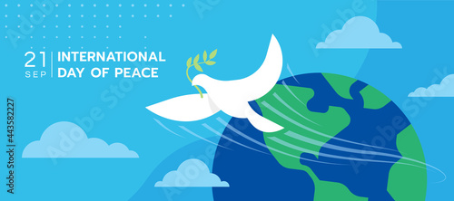 International day of peace The white peace dove flew from the globe on blue sky background vector Design