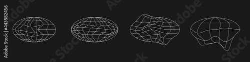 Retrofuturistic ellipse planets in old cyberpunk style with liquid, glitch effect. Set of the cyber planet. Ellipse geometry for poster, cover, merch in retrowave style. Vector