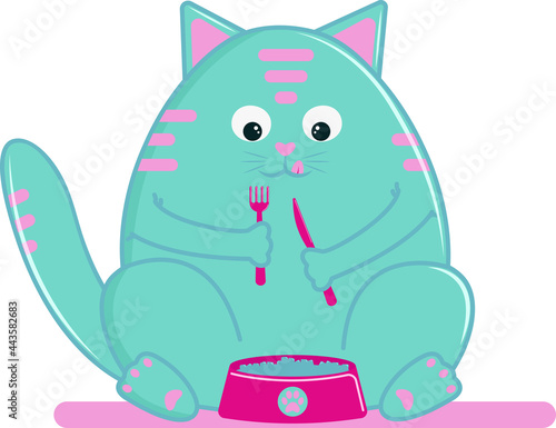 Funny cat sits with fork and knife