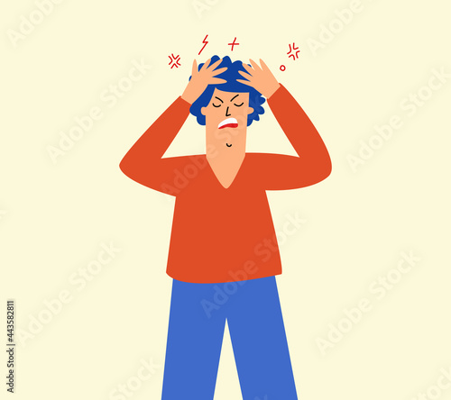 an angry, irritated man holds his head. Irritation, migraine, impotence