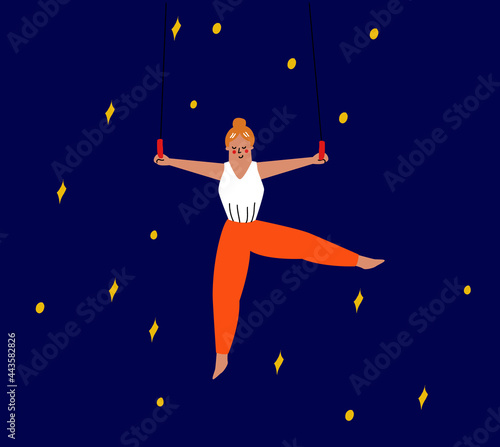 the girl is an aerial gymnast whist on the rings. Acrobatics, circus exercises. Vector illustration in a flat style
