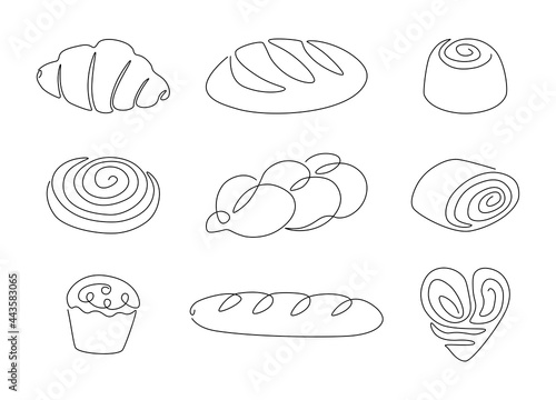 Bread one line. Continuous line pretzel, croissant, baguette, bagel, muffin, loaf, cinnamon roll, bakery concept. Vector isolated set