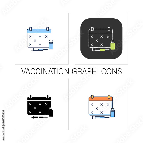Schedule icons set. Vaccination graph. Cosmetic injection schedule. Beauty cosmetic procedure concept.Collection of icons in linear, filled, color styles.Isolated vector illustrations