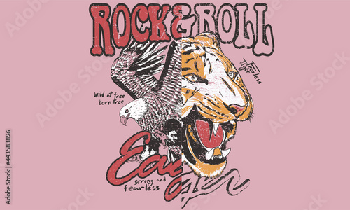 Rock and roll t shirt design. Eagle vector print for apparel. Hungry Tiger artwork for fashion and others. 
