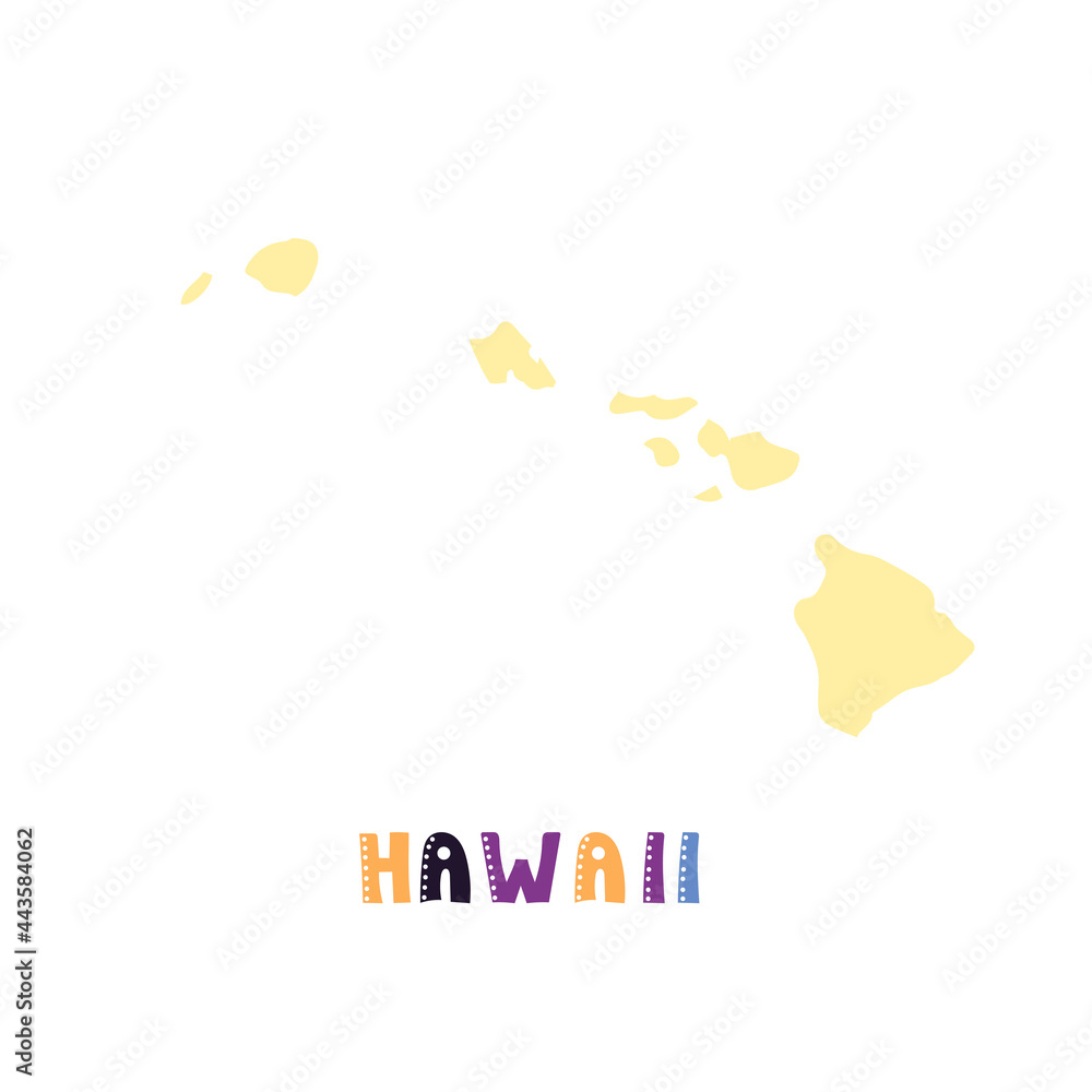 Hawaii map isolated. USA collection. Map of Hawaii - yellow silhouette. Doodling style lettering on white