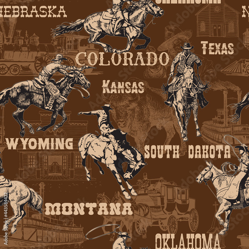 vector image of seamless texture wild west rodeo cowboys print on fabric paper