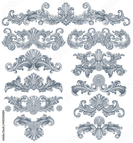 Vintage decorative ornamental monochrome elements. Design set. Editable hand drawn illustration. Vector engraving. Isolated on white background. 8 EPS