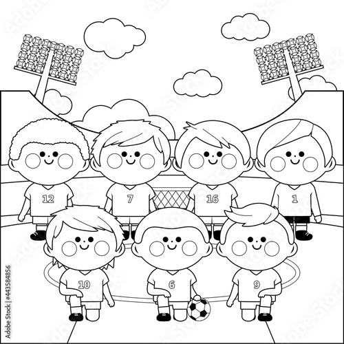 Children soccer player team in a stadium. Vector black and white coloring page.