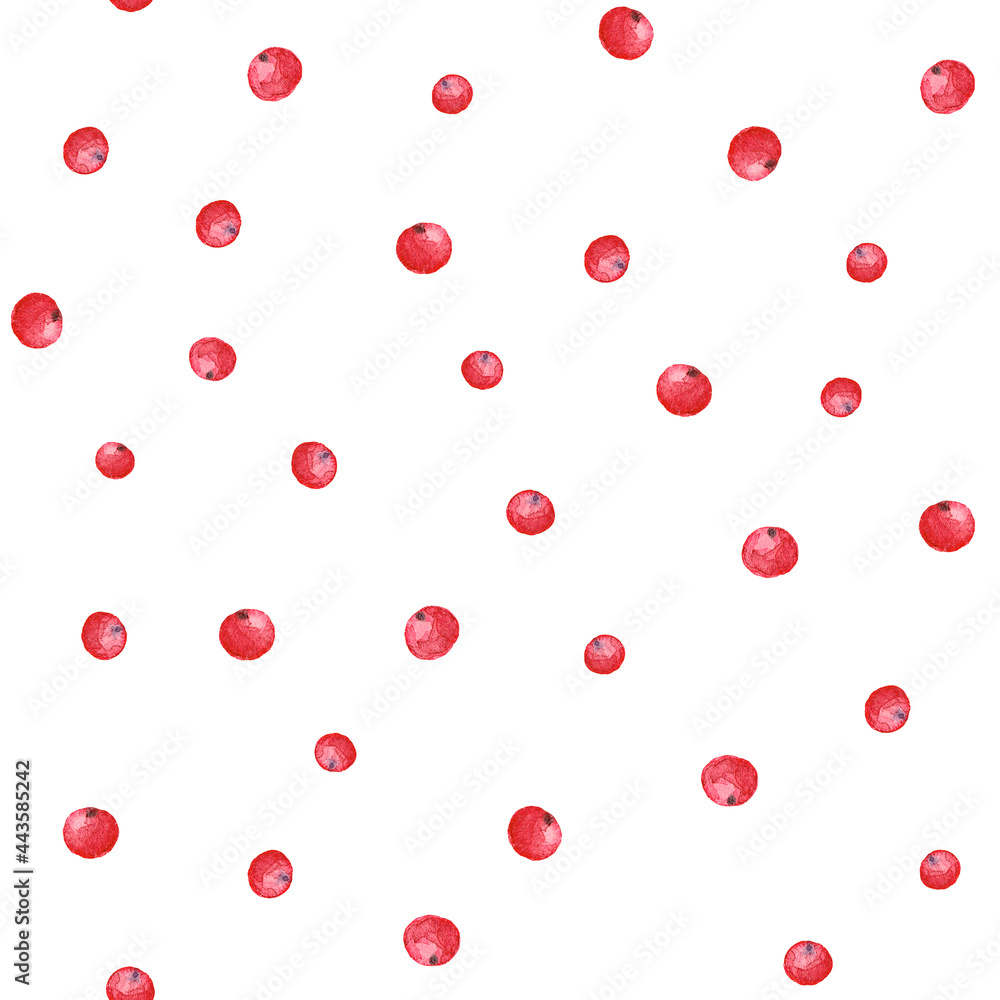 A pattern of cranberry berries. The image is hand-drawn and isolated on a white background. Watercolor painting. A pattern of cranberry berries. The image is hand-drawn and isolated on a white background. Watercolor painting.