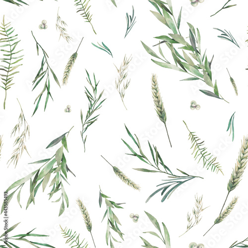 Fototapeta Naklejka Na Ścianę i Meble -  Watercolor summer herbs seamless pattern. Hand painted texture with botanical elements: plants, grass, berries, fern, leaves. Natural repeating background
