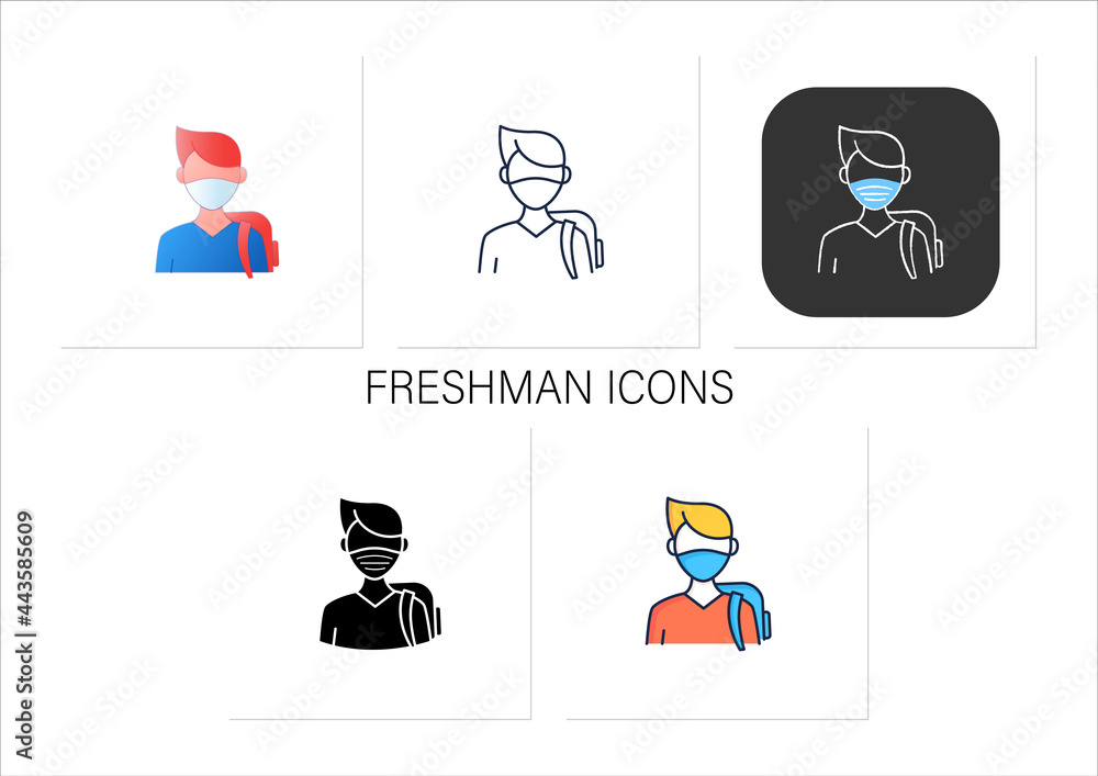 Freshman icons set. First-year student. Young man ready for studying. Professional development. Graduation concept.Collection of icons in linear, filled, color styles.Isolated vector illustrations 