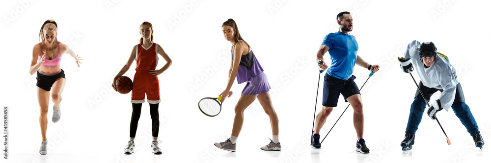 Sport collage. Tennis, basketball, fitness, running, hockey, players posing isolated on white studio background. Sport collage. Tennis, basketball, fitness, running, hockey, players posing isolated on white studio background.