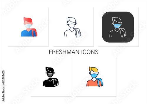 Freshman icons set. First-year student. Young man ready for studying. Professional development. Graduation concept.Collection of icons in linear, filled, color styles.Isolated vector illustrations 