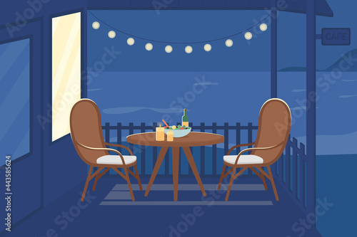 Romantic night at cafe flat color vector illustration. Table for couple to eat dinner at evening date. Backyard party. Summer 2D cartoon outdoor view with nighttime seaside on background