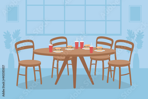 Table with fast food flat color vector illustration. Dining room for students. Lunch for friend group. Unhealthy lifestyle. Apartment 2D cartoon interior with home decor on background