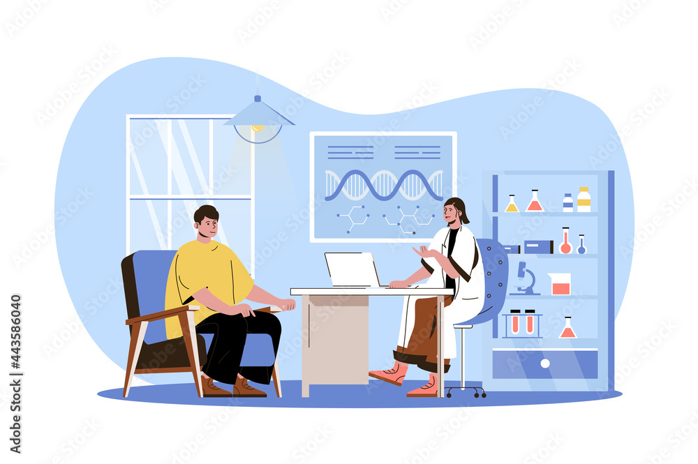Medical clinic web character concept. Doctor consults patient in office. Man came to therapist for diagnostic and treatment, isolated scene with persons. Vector illustration with people in flat design