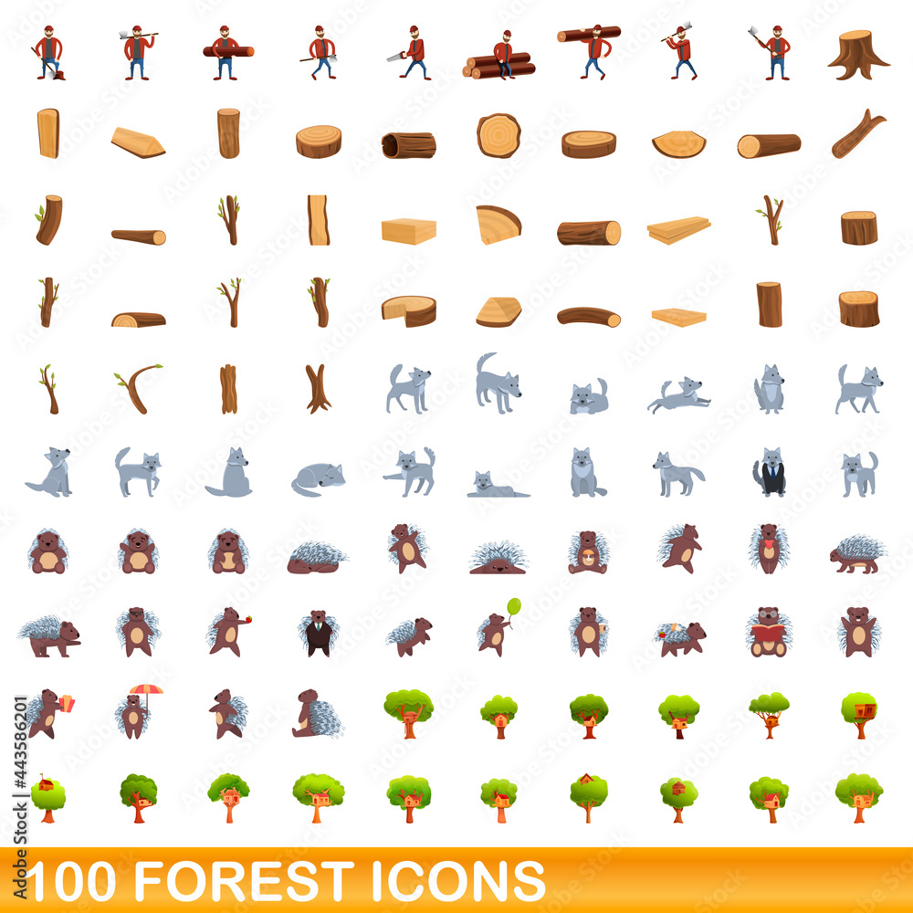 100 forest icons set. Cartoon illustration of 100 forest icons vector set isolated on white background