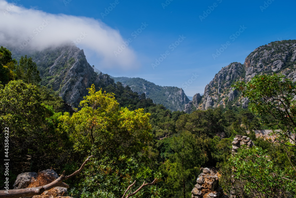 Top view from ancient city of Olympos in May 2021. Cirali, Kemer, Turkey