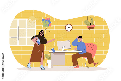 Remote work disadvantage web character concept. Male distant worker distracted by wife with baby, stress at work at home, isolated scene with persons. Vector illustration with people in flat design