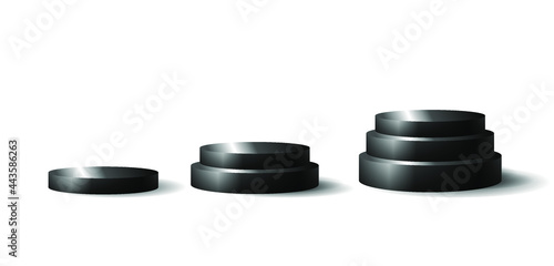Vector 3D black metallic podiums isolated on white background, winner concept, first, second and third places, pedestal illustration.
