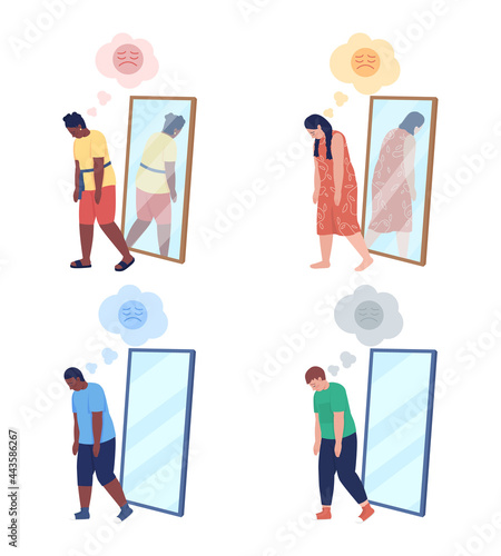 Obese teenager semi flat color vector character set. Walking figure. Full body people on white. Teen problems isolated modern cartoon style illustration for graphic design and animation collection