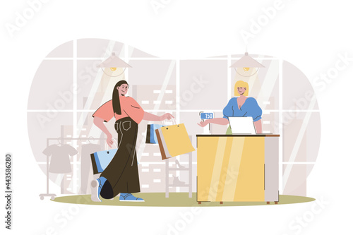 Shopping web character concept. Woman with bags pays for her purchases at checkout. Customer buys clothes in boutique, isolated scene with persons. Vector illustration with people in flat design