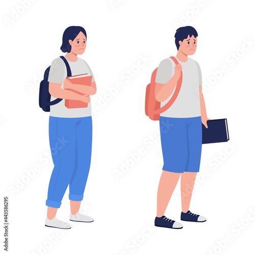 Upset teenage students semi flat color vector character set. Standing figures. Full body people on white. Teen problems isolated modern cartoon style illustration for graphic design and animation pack