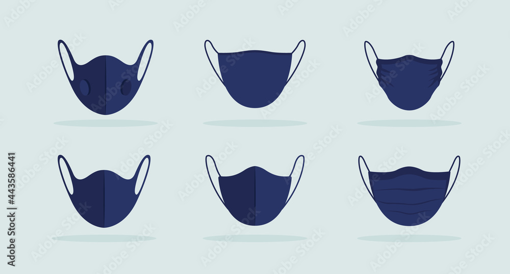 Face mask frontal view black mockup. Breathing safely without restriction. Wearing face covering for public settings. Modern item clipart. Isolated design template on blue-gray background Face mask frontal view black mockup. Breathing safely without restriction. Wearing face covering for public settings. Modern item clipart. Isolated design template on blue-gray background