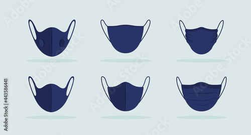 Face mask frontal view black mockup. Breathing safely without restriction. Wearing face covering for public settings. Modern item clipart. Isolated design template on blue-gray background