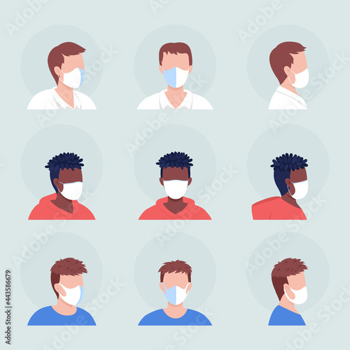 No-pleat white mask semi flat color vector character avatar set. Portrait with respirator from front and side view. Isolated modern cartoon style illustration for graphic design and animation pack
