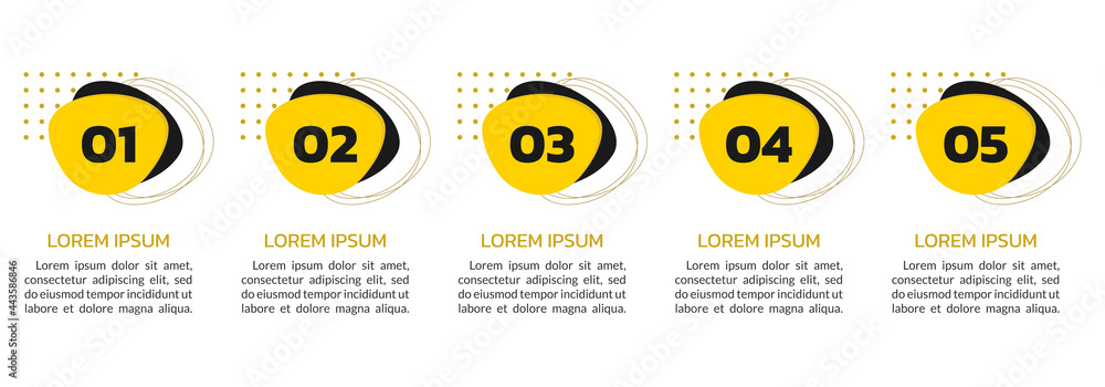 Fototapeta premium 5 steps or options info graphic design with numbers and abstract shapes. Business process, timeline infographic, presentation template. Vector illustration.