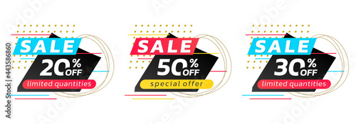 Sale badge, tag or label set with abstract shapes. Modern discount stickers with 20, 30, 50 percent price off. Vector illustration.