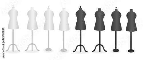 Black and white clothes hanger isolated on white background.Tailor mannequin for sewing.Female Dressmakers.Dummy female or male.Mockup template or banner.Graphic design.Realistic vector illustration.