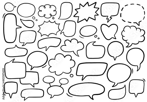 Vector set of speech bubbles. Linear empty bubbles, design collection for presentation, and infographic. Hand-drawn, doodle elements isolated on white background.