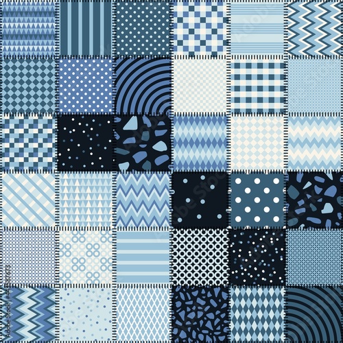 Simple abstract patchwork pattern. Endless vector background in blue tones.