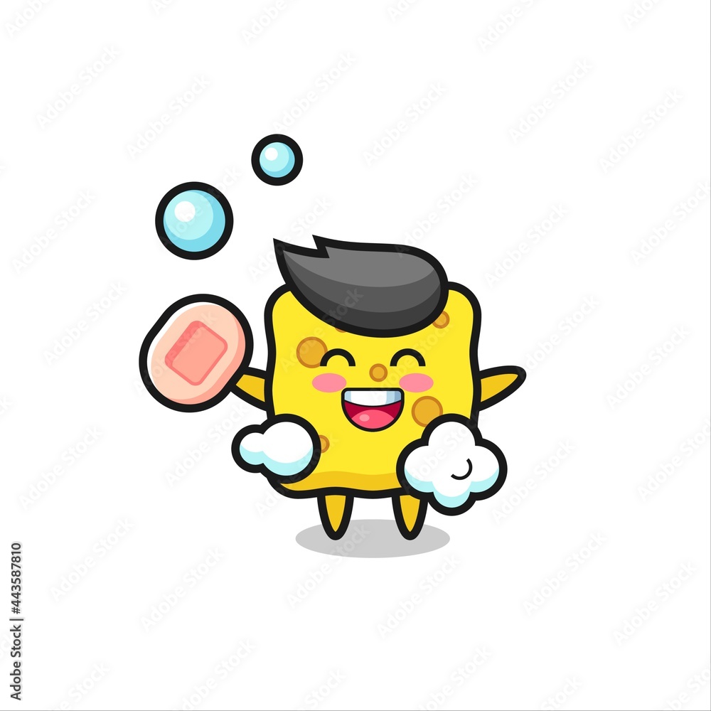 sponge character is bathing while holding soap sponge character is bathing while holding soap