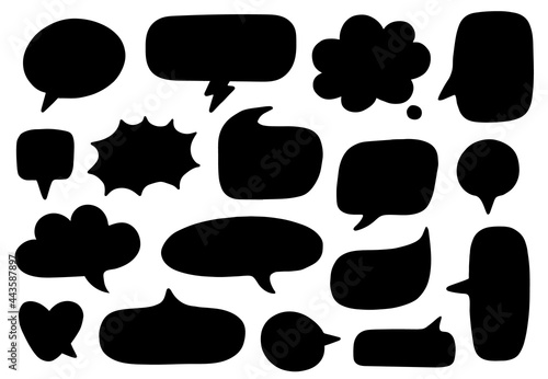 Vector set of speech bubbles. Black silhouettes frames for presentation, and infographic. Hand-drawn, doodle elements isolated on white background.
