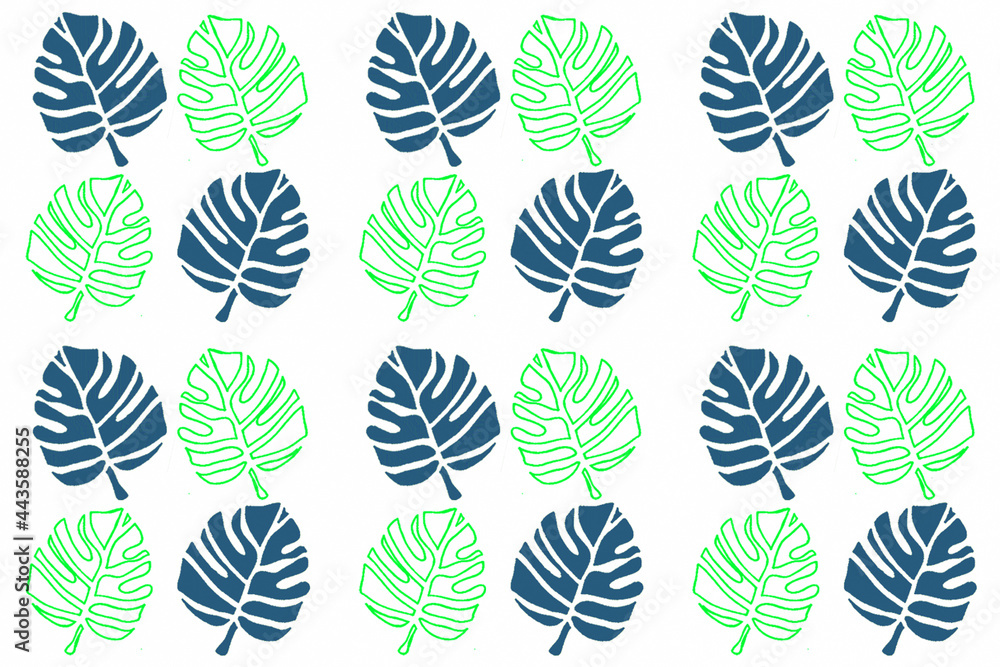 Abstract seamless pattern with leaves on blue-green background.