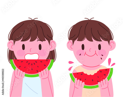 Twin brothers and sisters eating cool watermelon. Cute children character vector illustration.