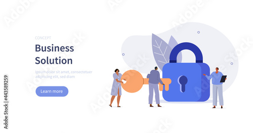 Business team holding golden key and unlocking the Lock. Successful businessman and businesswoman working together. Business solution concept. Flat cartoon vector illustration.
