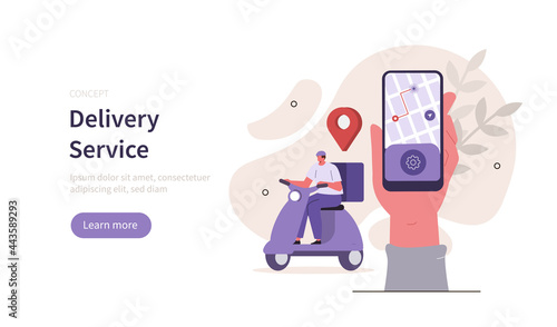 Hand holding smartphone with mobile app for delivery tracking on screen. Courier on scooter delivering parcel box. Smart logistic concept. Flat cartoon vector illustration.