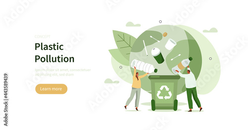 People characters collecting plastic trash into recycling garbage bin. Woman and man taking out the garbage. Plastic pollution problem concept. Flat cartoon vector illustration. 