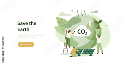 People trying to save planet earth from climate change. Characters planting trees, using clean energy, warning about CO2 emission.  Climate change problem concept. Flat cartoon vector illustration.