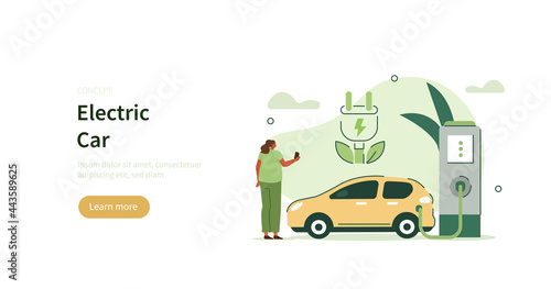 Woman charging electric car battery at electric recharge station. New alternative energy vehicle. Futuristic transport, green energy, eco city concept. Flat cartoon vector illustration. 