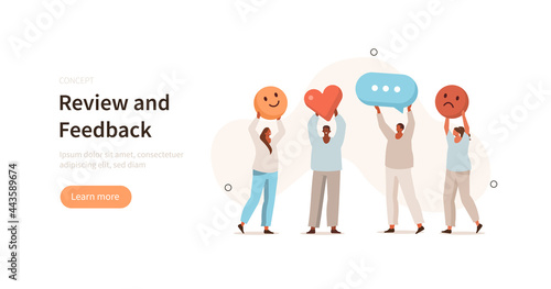 People сharacters holding different signs to show positive, negative and neutral satisfaction rating. Customer feedback and user experience concept. Flat cartoon vector illustration.
