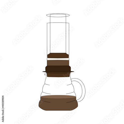 Illustration of aero press. Alternative coffee brewing equipment tool. Simple geometrical illustration with thin black outline. Isolated on white.