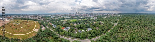 Drone panorama over the Frankfurt skyline taken from the south during an approaching thunderstorm