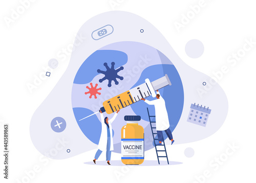 Doctor and nurse holding syringe and preparing for global vaccination against coronavirus. Covid vaccine ready for clinical trial. Immunization campaign concept. Flat cartoon vector illustration.