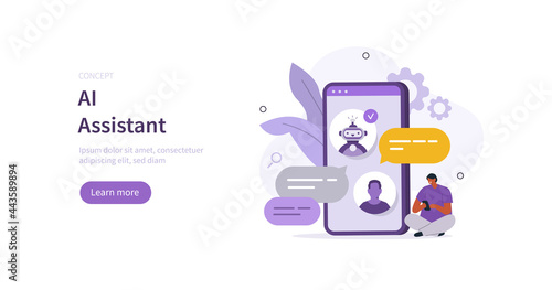 Customer having dialog with chat bot on smartphone. Character chatting with robot, asking questions and receiving answers. AI chatbot support and FAQ concept. Flat cartoon vector illustration. 