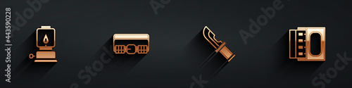 Set Camping lantern, Hunting cartridge belt, Hunter knife and Matchbox and matches icon with long shadow. Vector